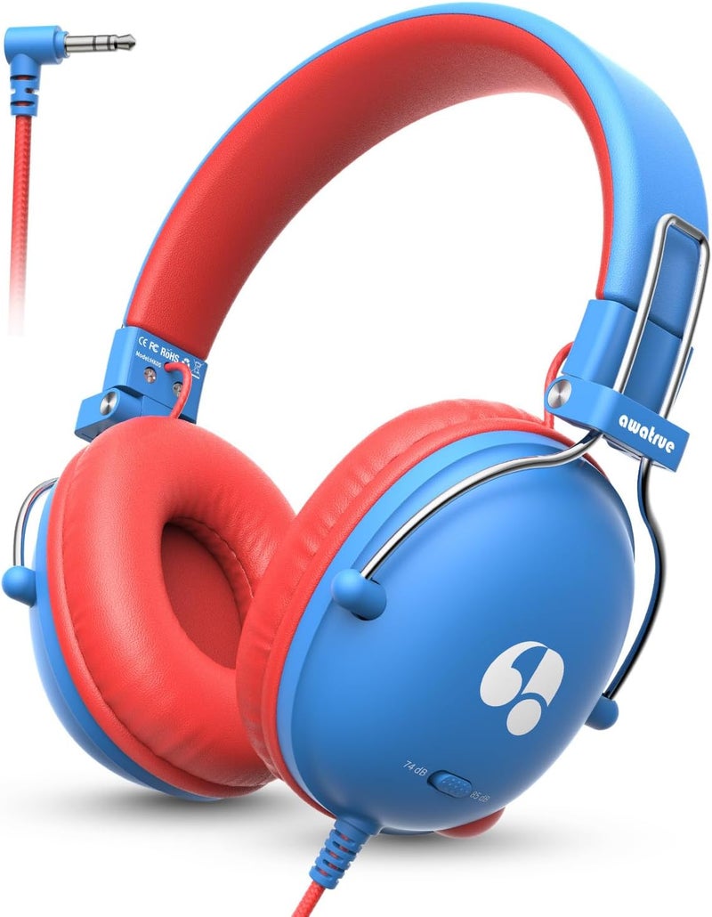 awatrue Kids Headphones for School, 74/85dB Safe Volume Limit, Stereo Sound, Wired On-Ear Headphones for Kids Boys Girls, 3.5mm Jack for Tablet, iPad, Kindle, YOTO Player, Airplane Travel, Blue - Image 1